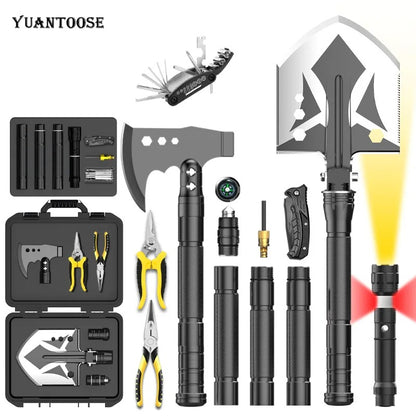 The Multifunctional Backcountry Camping Tool Includes Foldable Shovel Foldable axe Survival Kit.