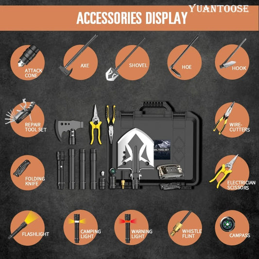 The Multifunctional Backcountry Camping Tool Includes Foldable Shovel Foldable axe Survival Kit.